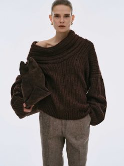 Source Unknown Accessoires | Pull Surdimensionne En Tricot A Rouleau Eleve Becca, Chocolat