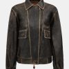 Source Unknown Accessoires | Blouson Aviateur En Cuir D'Agneau Delave Geva, Marron