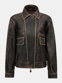 Source Unknown Accessoires | Blouson Aviateur En Cuir D'Agneau Delave Geva, Marron