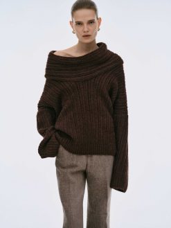 Source Unknown Accessoires | Pull Surdimensionne En Tricot A Rouleau Eleve Becca, Chocolat