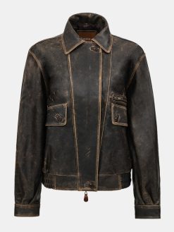 Source Unknown Accessoires | Blouson Aviateur En Cuir D'Agneau Delave Geva, Marron