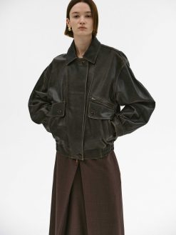 Source Unknown Accessoires | Blouson Aviateur En Cuir D'Agneau Delave Geva, Marron