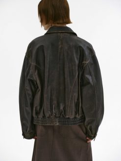 Source Unknown Accessoires | Blouson Aviateur En Cuir D'Agneau Delave Geva, Marron