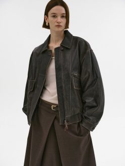 Source Unknown Accessoires | Blouson Aviateur En Cuir D'Agneau Delave Geva, Marron