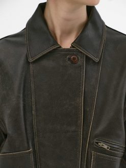 Source Unknown Accessoires | Blouson Aviateur En Cuir D'Agneau Delave Geva, Marron