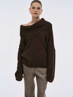 Source Unknown Accessoires | Pull Surdimensionne En Tricot A Rouleau Eleve Becca, Chocolat