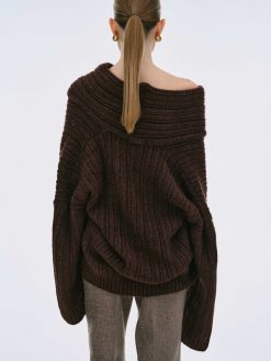 Source Unknown Accessoires | Pull Surdimensionne En Tricot A Rouleau Eleve Becca, Chocolat